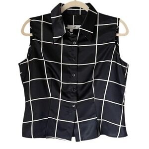 90s VTG Vertigo Paris Sleeveless Top Grid Pattern Button Down Blouse Career S‎